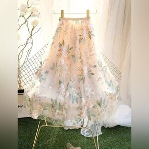 Floral Embroidered Flowers on Mesh Cream Skirt